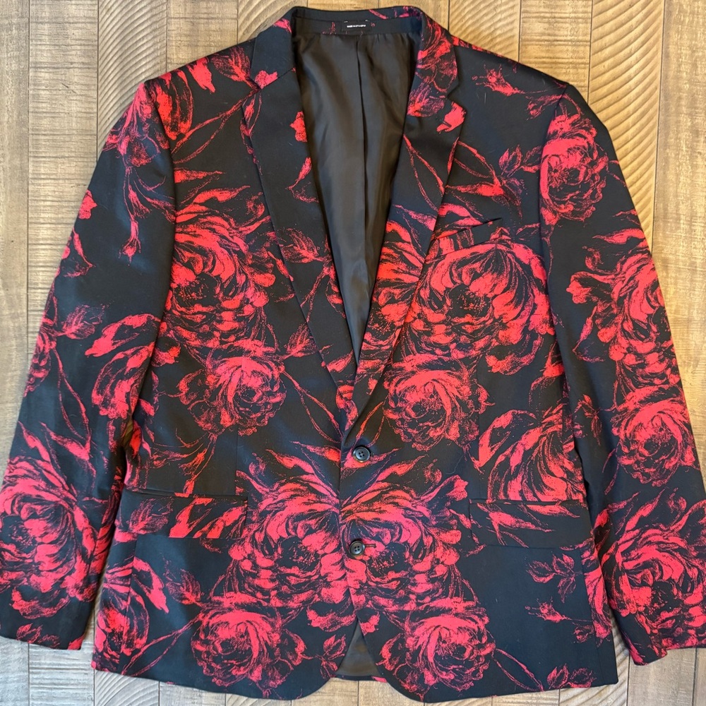 JF J.Ferrar Slim Fit Rose - Floral Black Suit Blazer Men’s Size 46R